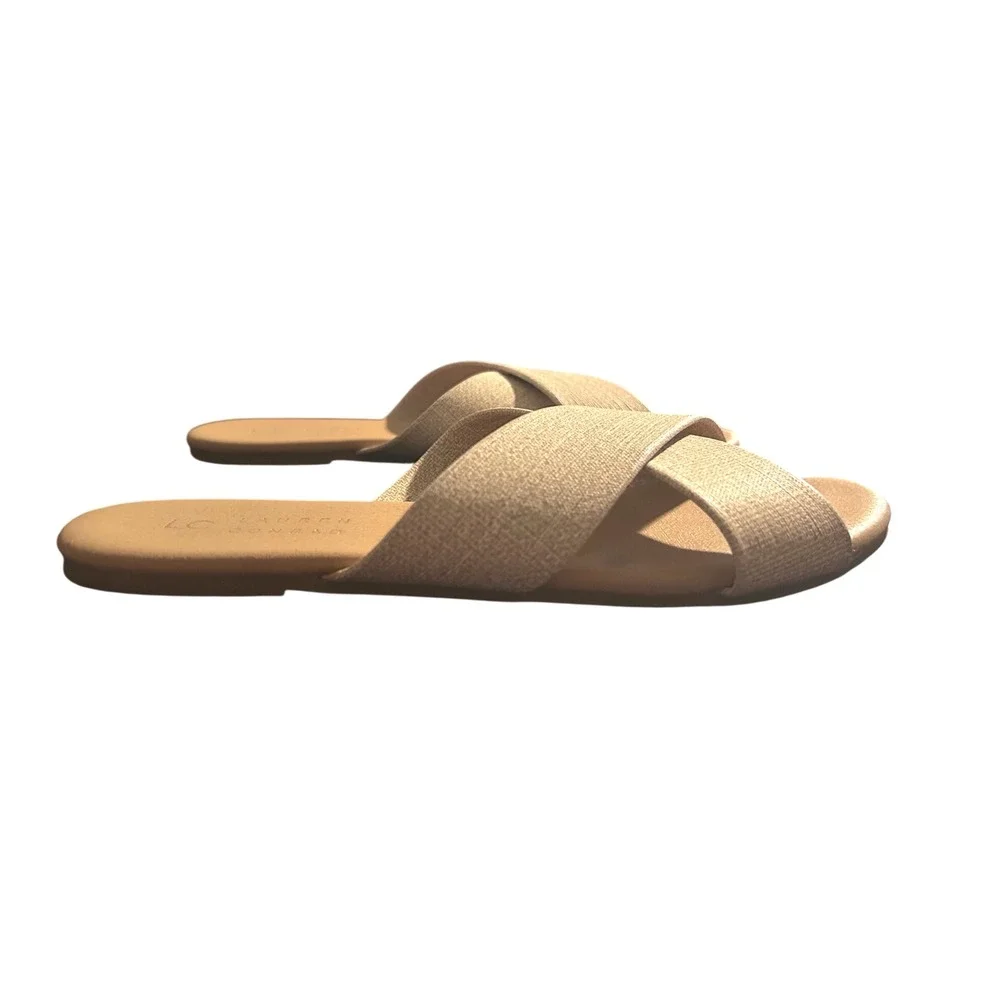 LC Lauren Conrad Azeret Natural Crisscross Slide Sandals Tan Neutral Womens 7